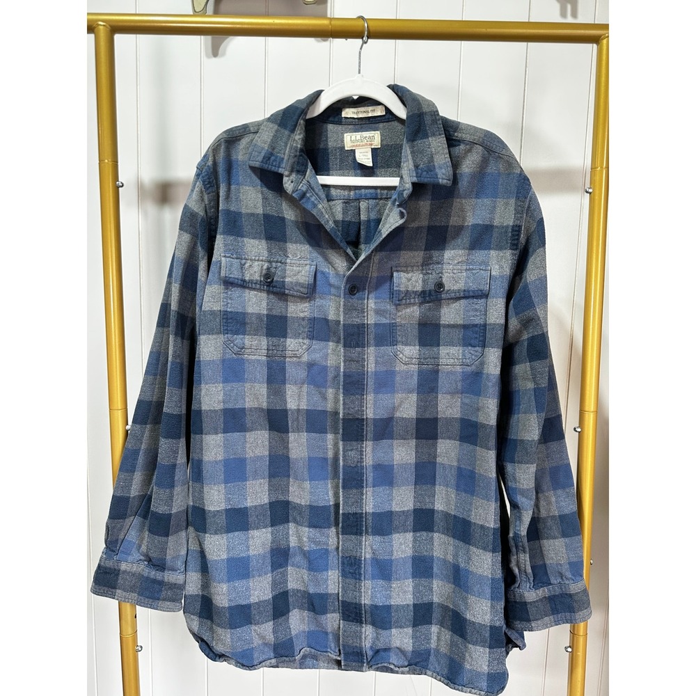 L.L.Bean Chamois Cloth Shirt Men's L Tall Blue Plaid Trad. fit Heavy Flannel